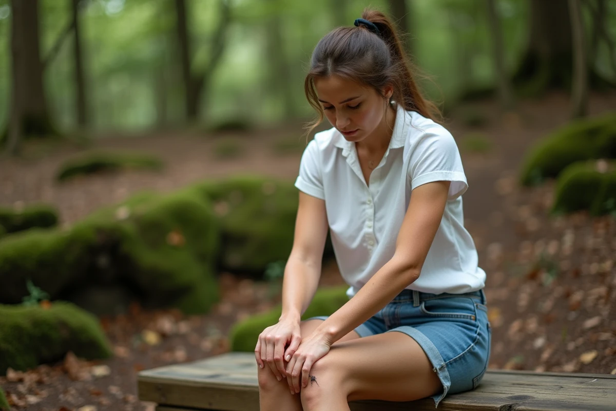 Femme examinant une tique sur sa jambe lors d'une randonnée en forêt