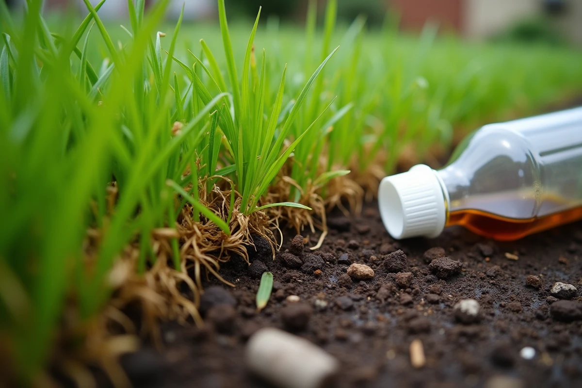 Gros plan sur une pelouse endommagée par le vinaigre avec des zones de gazon jauni et nécrosé