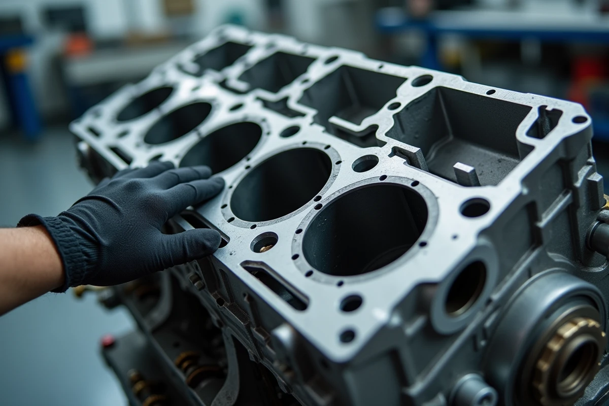 Gros plan sur le bloc moteur automobile avec le cylindre numéro 1 identifié et une main gantée comme référence