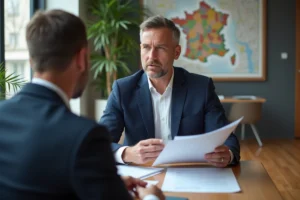 Homme d'affaires en costume bleu discutant avec agent immobilier