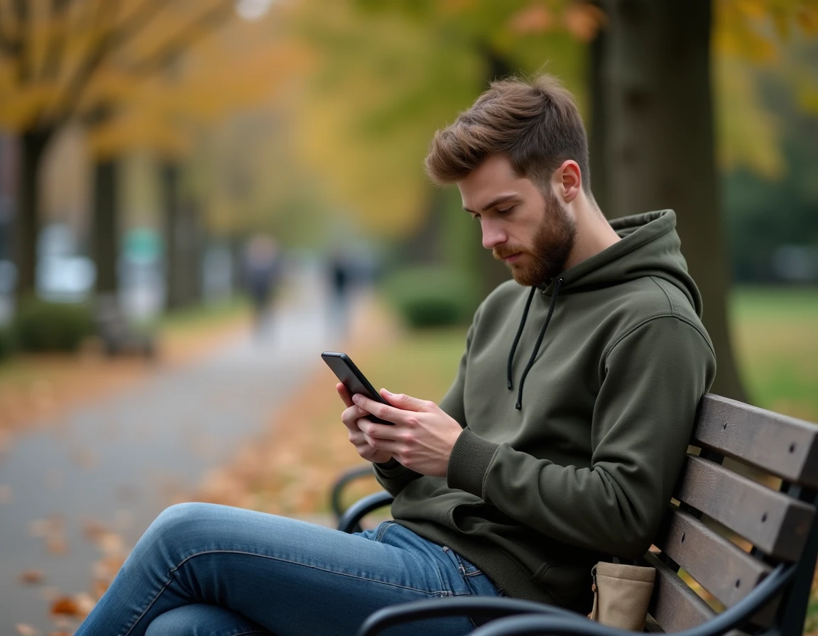 Homme consultant une application immobilière sur smartphone dans un parc en automne
