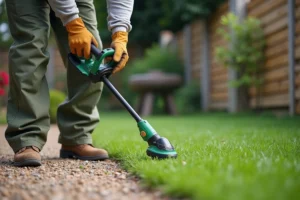 Homme utilisant une débroussailleuse sans fil Parkside dans un jardin résidentiel le long d'une bordure de pelouse