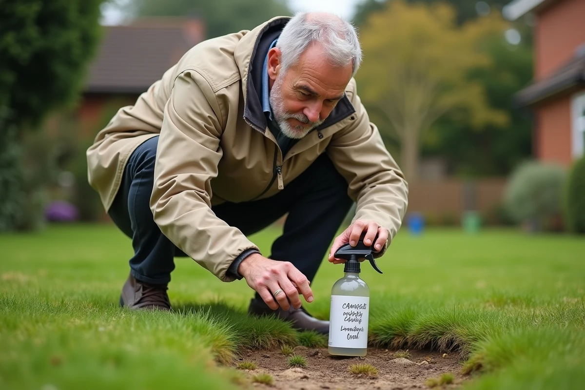 Homme inspectant les dégâts causés par le vinaigre sur sa pelouse avec un spray dans la main