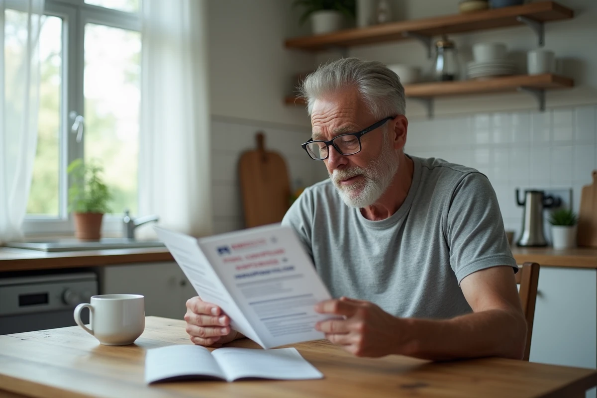 Un homme dans la cinquantaine lisant attentivement une brochure médicale sur les maladies et leurs symptômes à une table de cuisine