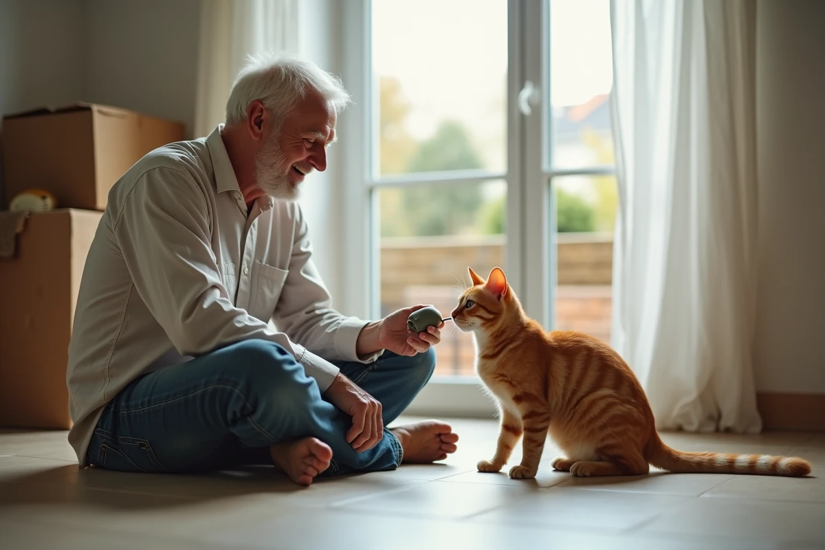 Homme âgé jouant avec son chat dans une cuisine lumineuse
