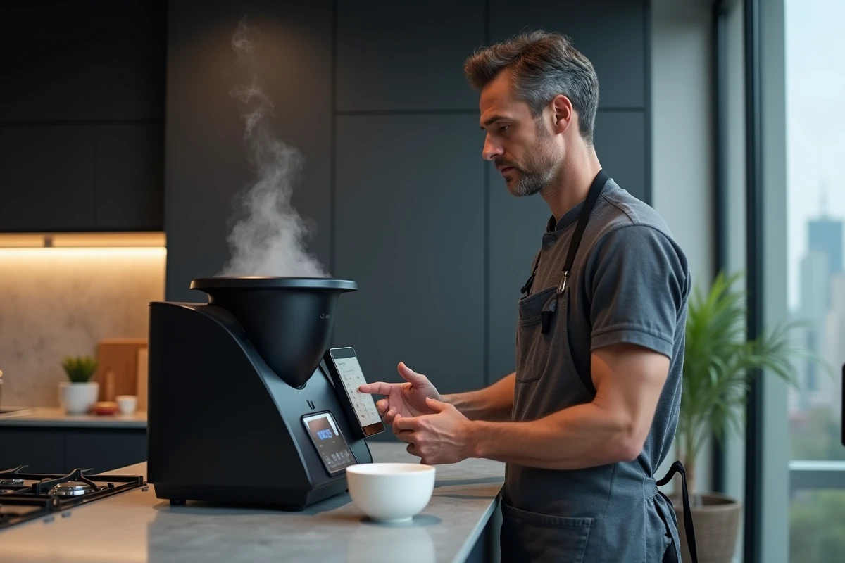 Homme consultant l'écran tactile d'un Thermomix pour préparer une crème pâtissière dans une cuisine contemporaine
