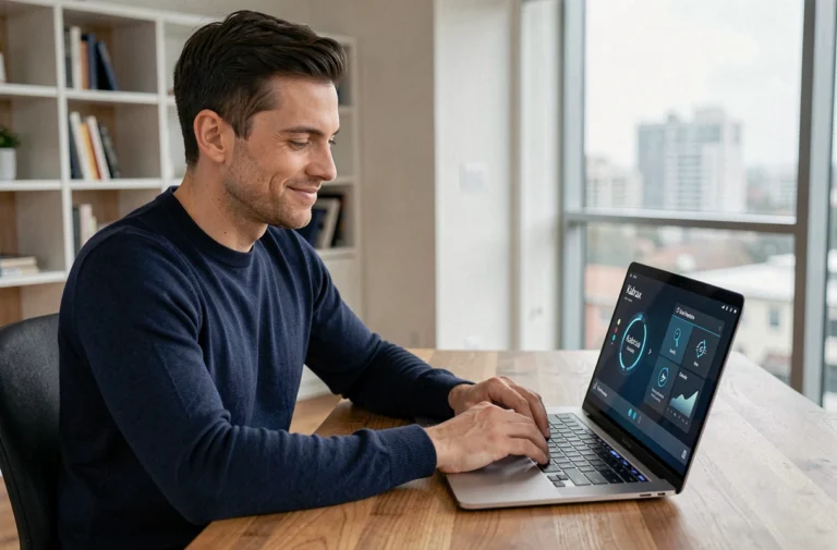 Homme utilisant la plateforme Kabrax sur un ordinateur portable dans un bureau moderne en 2026