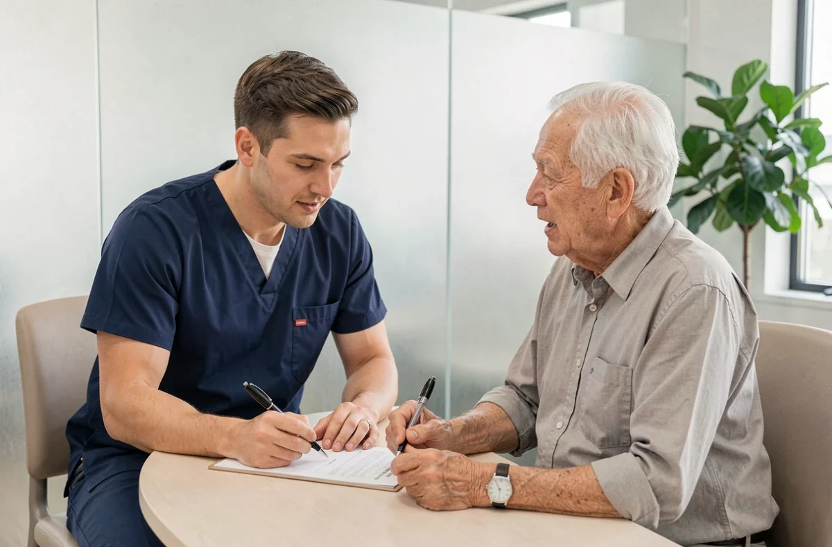 Infirmier attentif accompagnant un patient âgé lors d'une consultation dans un cabinet de soins moderne