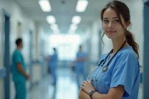 Infirmière en service le dimanche dans un couloir hospitalier, illustrant le travail en établissement de santé lors des jours non travaillés dans le cadre de la CCN51