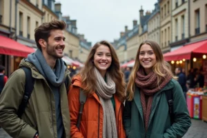 Groupe de jeunes adultes souriants au marché de Rennes