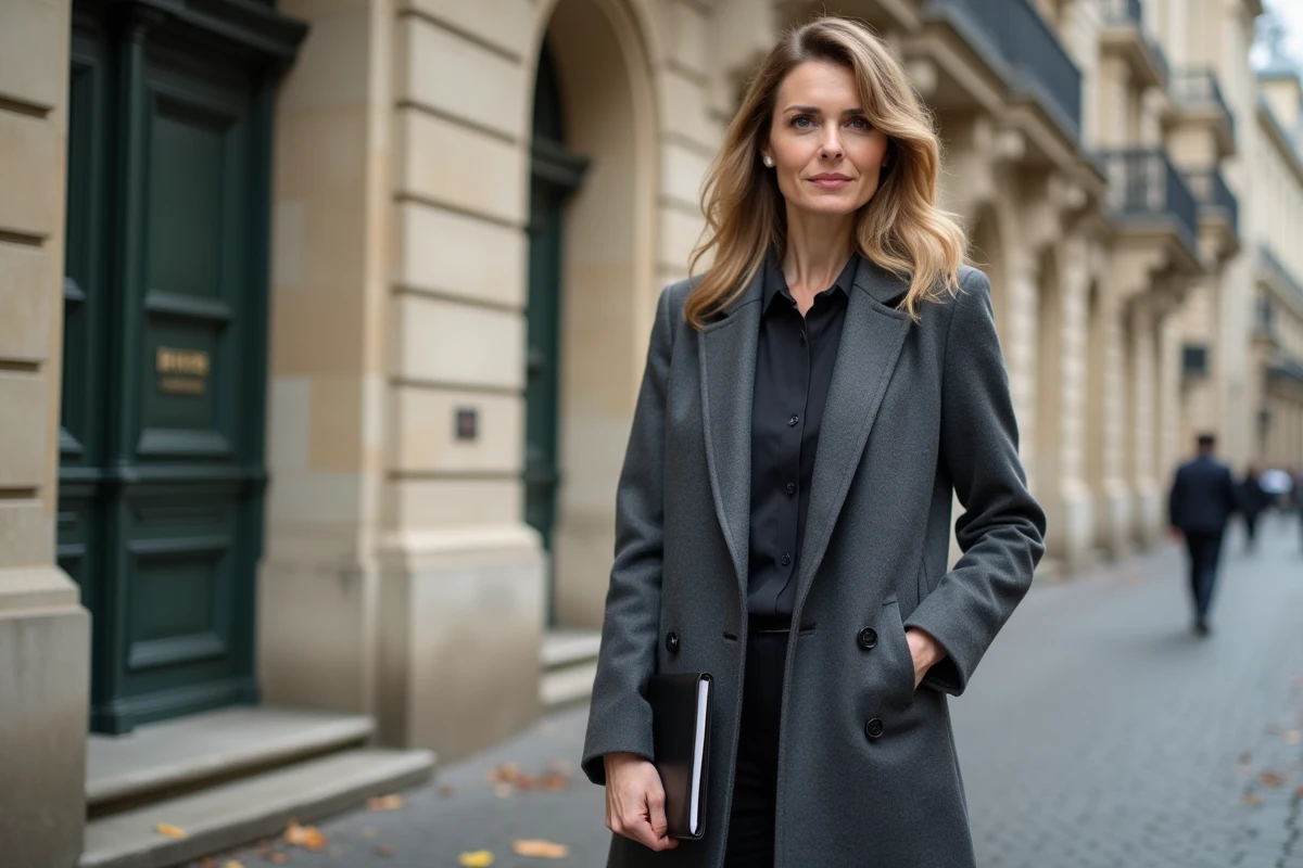 Journaliste debout en extérieur devant un immeuble parisien haussmannien, illustrant la silhouette et la stature d'une femme de presse