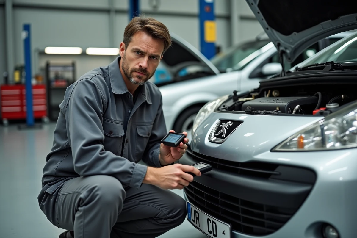 Mécanicien diagnostiquant le voyant triangle orange sur une Peugeot 207 en atelier