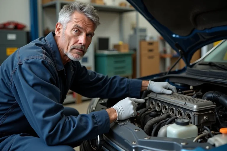 Mécanicien automobile pointant le cylindre 1 sur un moteur quatre cylindres dans un atelier de garage