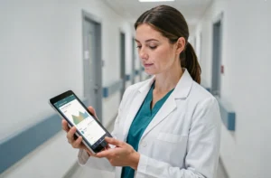 Médecin utilisant une tablette numérique dans un couloir d'hôpital moderne pour suivre les données de santé de ses patients