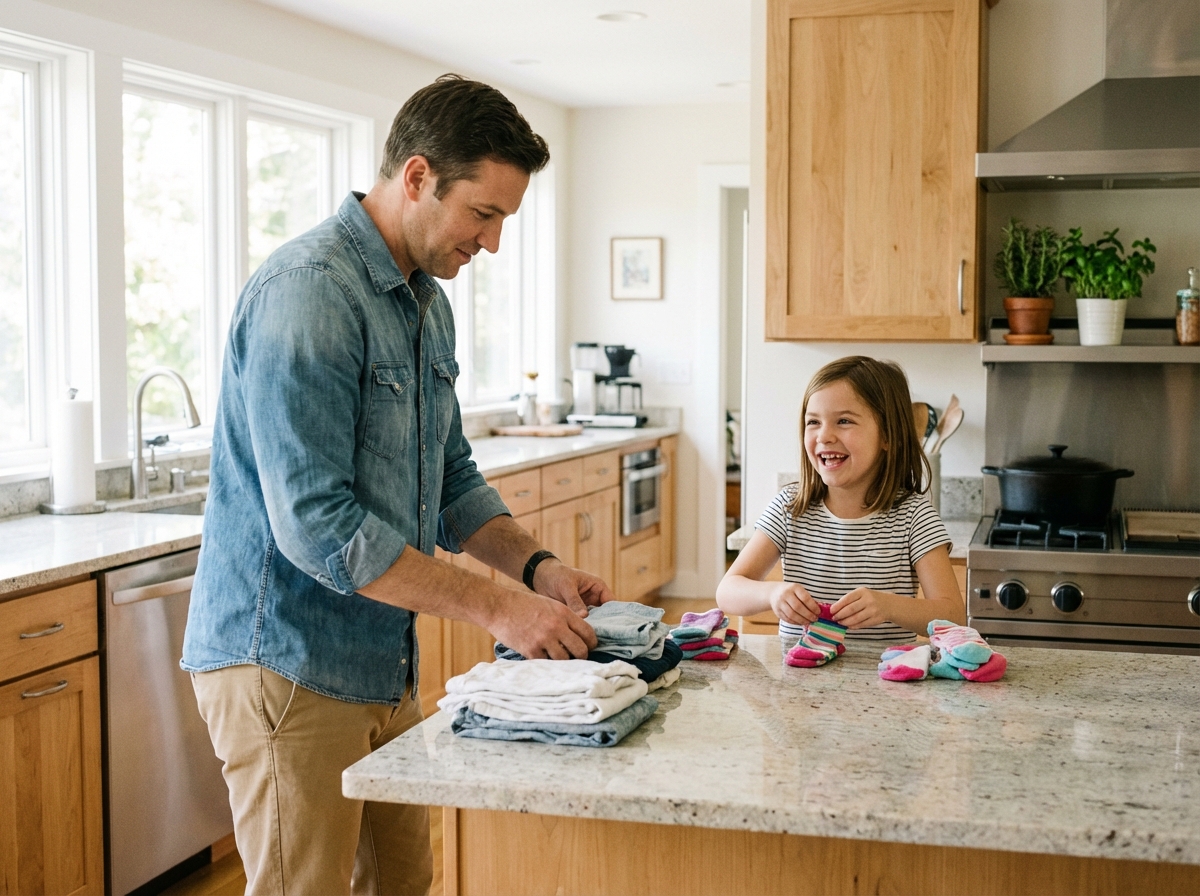 Père et fille faisant la lessive dans une cuisine lumineuse et bien rangée