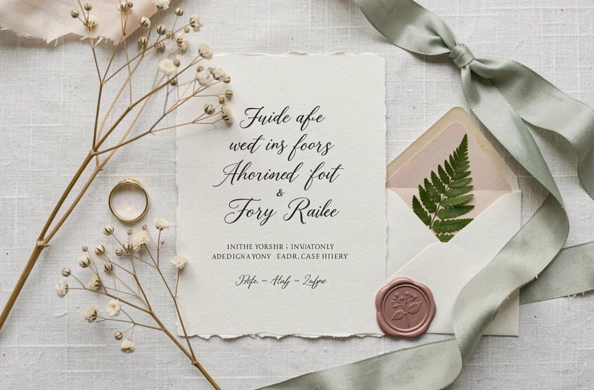Papeterie de mariage artisanale avec invitations calligraphiées, sceau de cire rose et végétaux séchés sur lin blanc