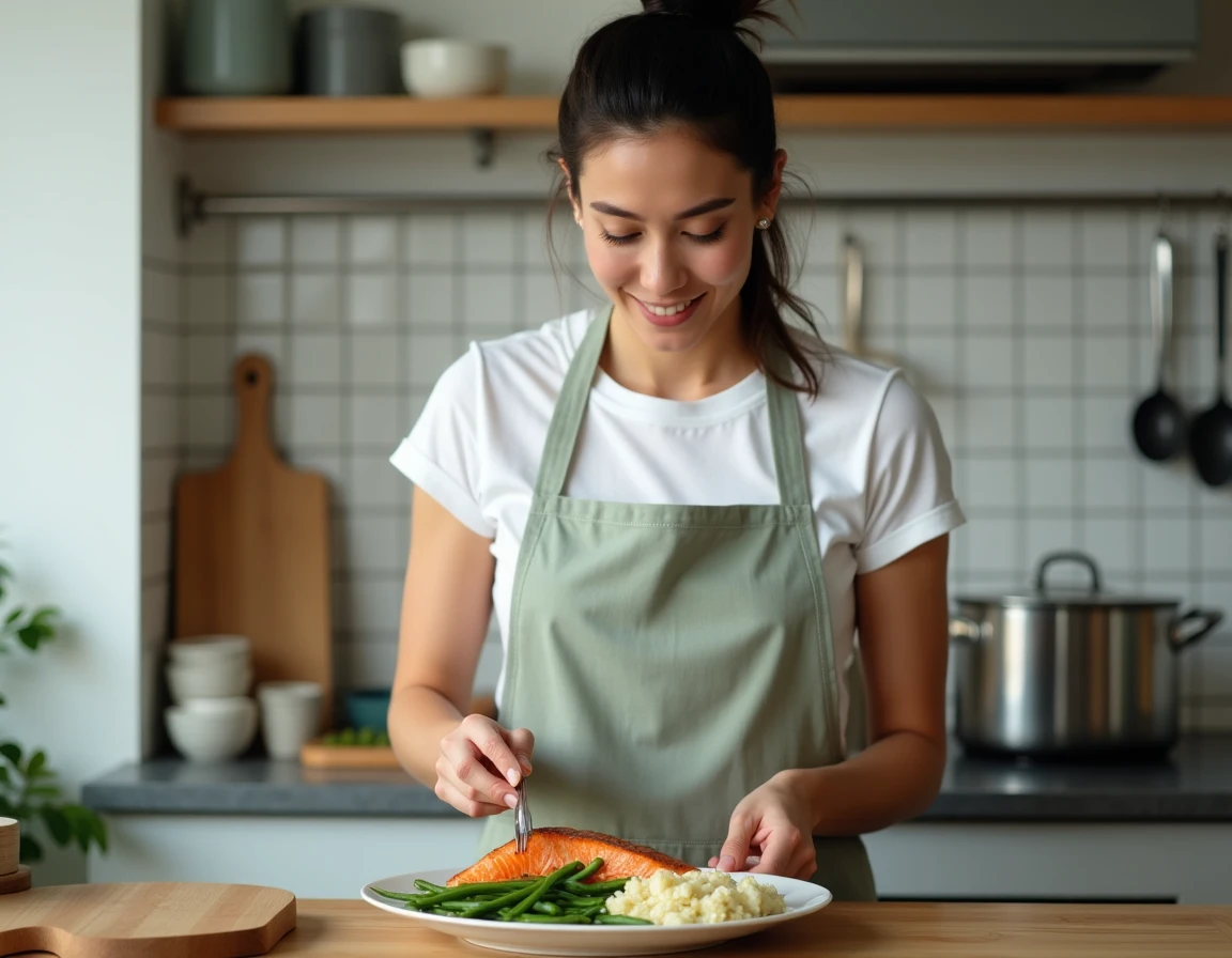 Femme préparant un repas minceur à base de saumon grillé et légumes vapeur dans une cuisine moderne