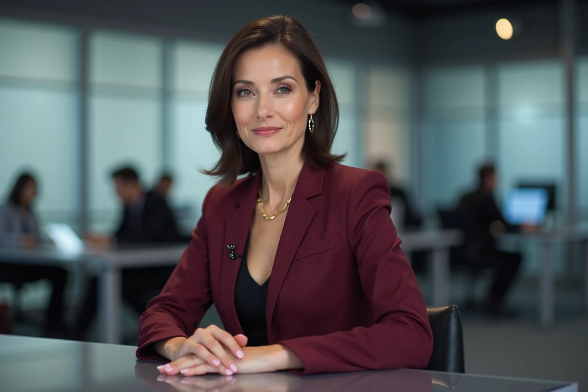 Présentatrice assise au bureau de présentation dans une rédaction moderne, portrait trois-quarts professionnel