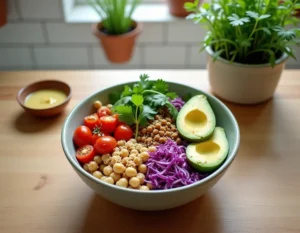 Bol repas minceur coloré avec quinoa, avocat, pois chiches rôtis et légumes frais pour perdre du poids
