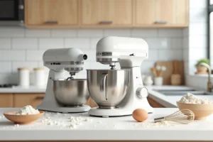 Robot pâtissier et Thermomix côte à côte sur un plan de travail de cuisine moderne avec des ingrédients de pâtisserie