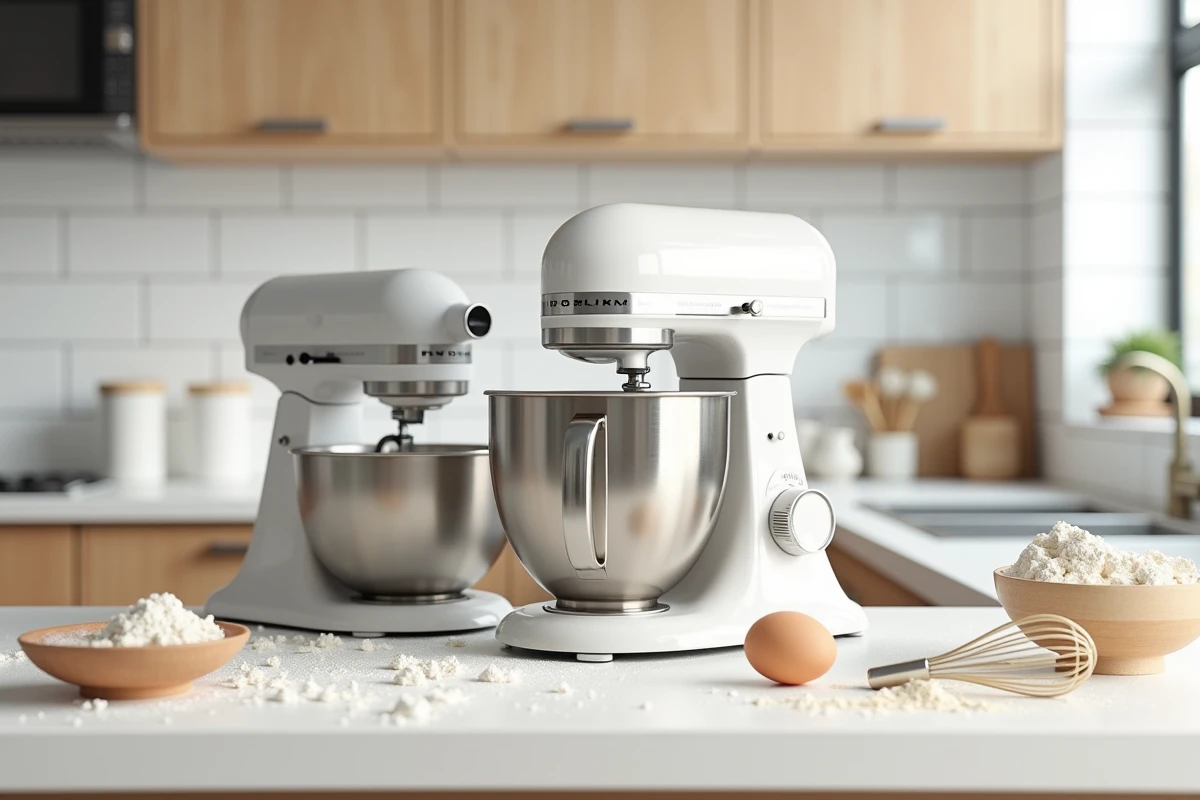 Robot pâtissier et Thermomix côte à côte sur un plan de travail de cuisine moderne avec des ingrédients de pâtisserie