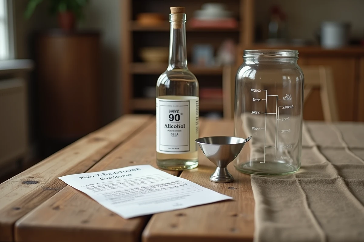 Mise en scène d'une table en bois avec une bouteille d'alcool à 90° alimentaire, un reçu et des accessoires pour une utilisation responsable à domicile