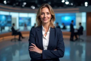 Journaliste professionnelle en pied dans un studio de télévision, illustrant la stature et la taille d'une présentatrice