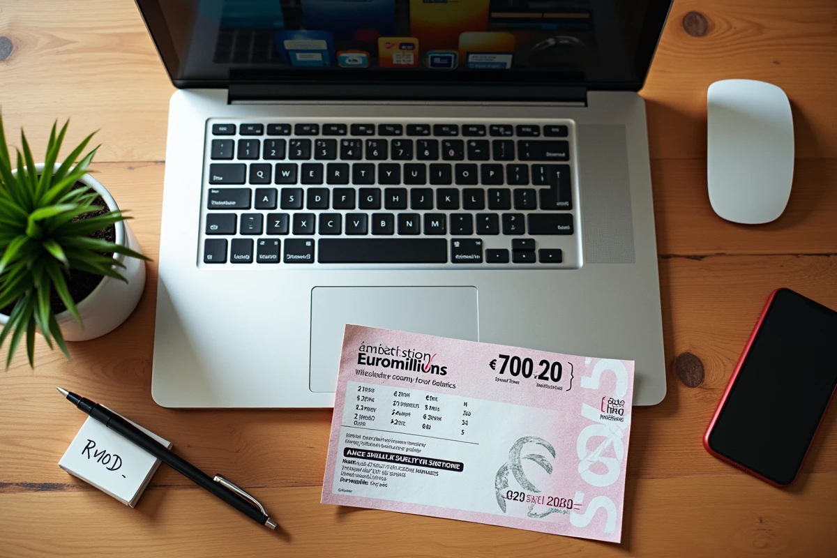 Ticket Euromillions et code My Million posés sur un bureau avec un ordinateur affichant les résultats du tirage