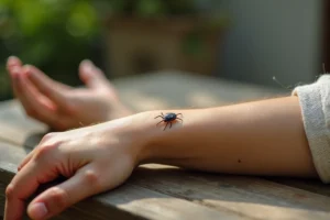 Gros plan d'une tique accrochée à la peau d'un avant-bras humain dans un jardin