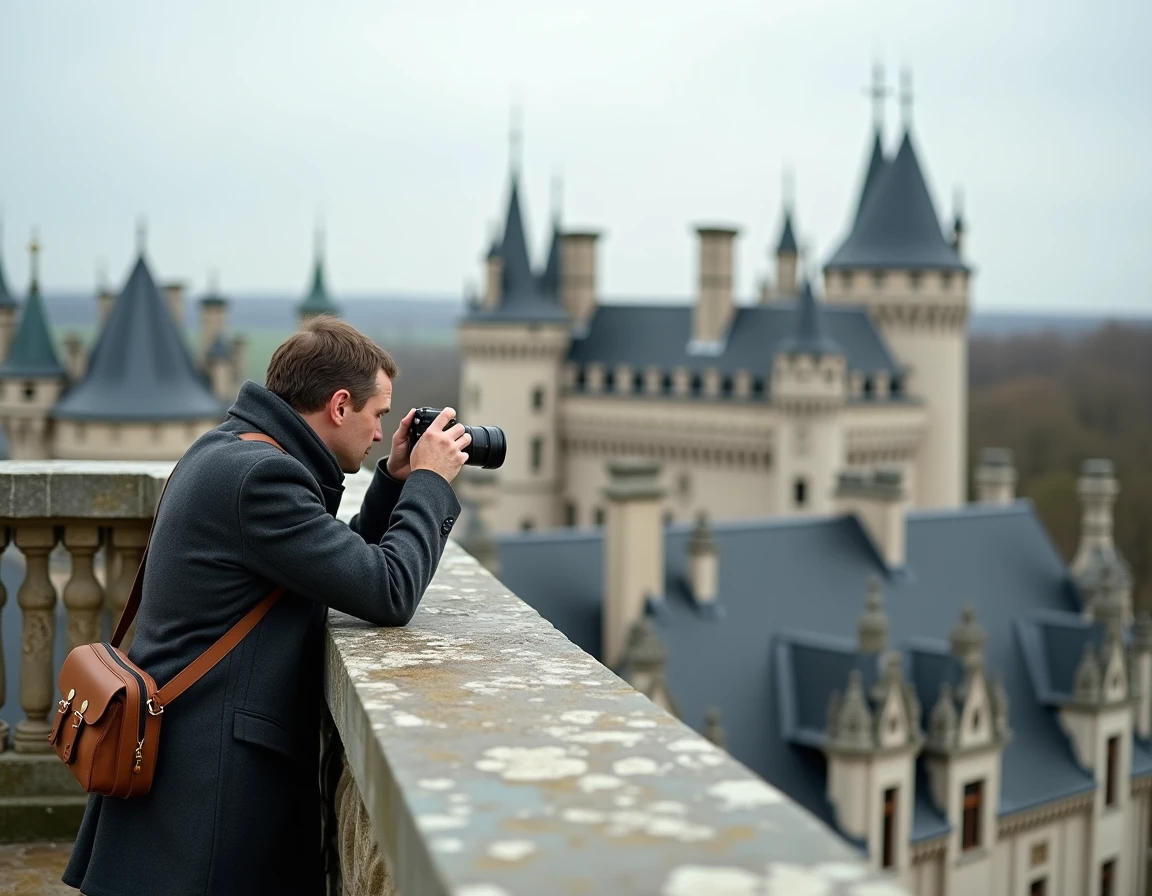 Terrasse et toits du château de Chambord avec cheminées et tourelles Renaissance, photographe en train d'explorer le monument