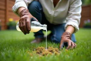 Femme versant du vinaigre blanc sur des mauvaises herbes dans une pelouse de jardin résidentiel